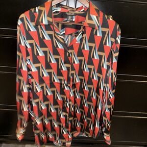Rachel Zoe Blouse Women's XL Satin Printed Button Up Collared Shirt Geometric